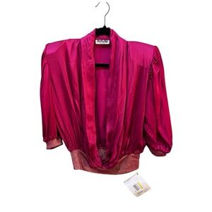 AVAVAV Firenze Satin Puff Sleeve Faux Wrap Top Waisted Fuschia Boxy Plunge Neck